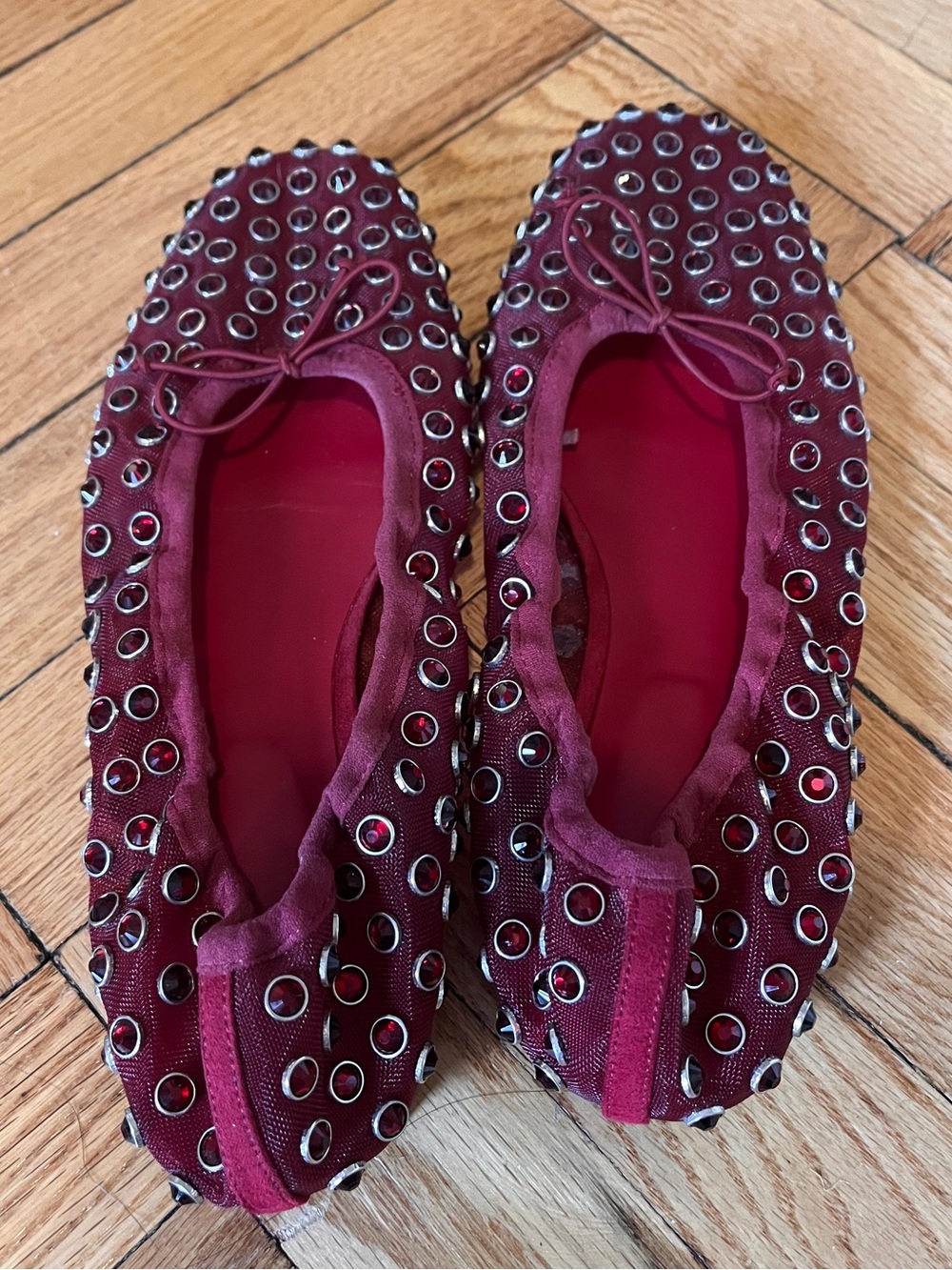 Oxblood Studded Ballet Flats with Bow - Picture 2 of 3